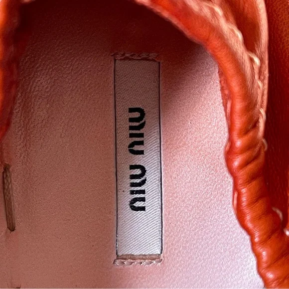 Miu Miu Leather Knotted Bow Elasticized Scrunch Ballet Flat In Orange Sz 38 1/2 - Picture 10 of 14